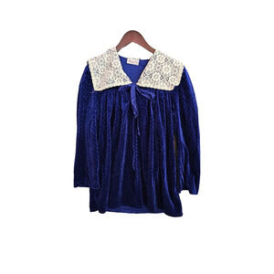 Vintage Say-Lu Velvet Babydoll Robe Royal Blue Swiss Dot Lace Sailor Collar Lrg